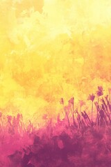 Obraz premium Abstract floral meadow with golden sky and crimson ground evoking a dreamy and peaceful atmosphere artistic and vibrant color palette