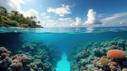 Fototapeta premium Split view of tropical island coastline and coral reef affected by bleaching 