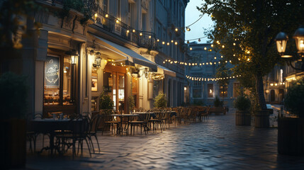 Naklejka premium City street with cafe or restaurant with tables outdoor. Summer town with buildings exterior, coffee shop with tables and chairs on terrace and lanterns at night, vector cartoon illustration
