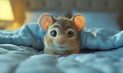 Naklejka premium Cute hamster peeking from under a cozy blanket. Generative AI