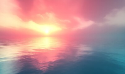Obraz premium a surreal sunset over a calm body of water, with vibrant pinks, oranges, and blues creating a dreamy atmosphere 