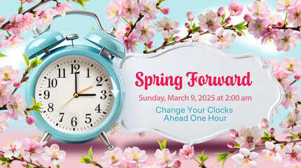 Daylight Saving Time Begins concept. Spring Forward Time banner with clocks moved forward one hour...