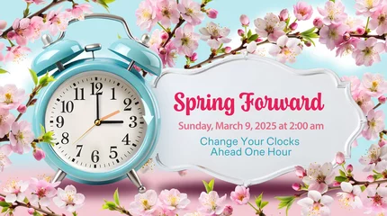 Daylight Saving Time Begins concept. Spring Forward Time banner with clocks moved forward one hour at march 9, 2025. Info poster with alarm clock and cherry blossom