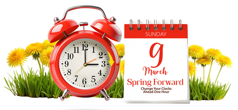 Daylight Saving Time Info Banner. Spring Forward concept with red alarm clock and moves arrow one hour forward with tear-off calendar date 9 march, 2025. Change clocks one hour ahead