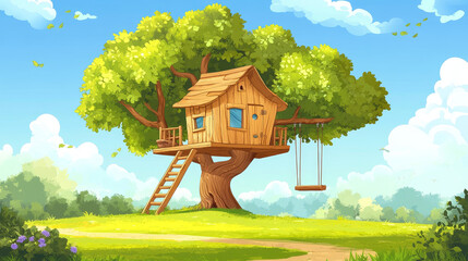 Cartoon tree house in green park under blue sunny sky. Vector illustration of cozy wooden hut with ladder and bungee hanging on rope. Playground for children to play and have fun. Summer holidays