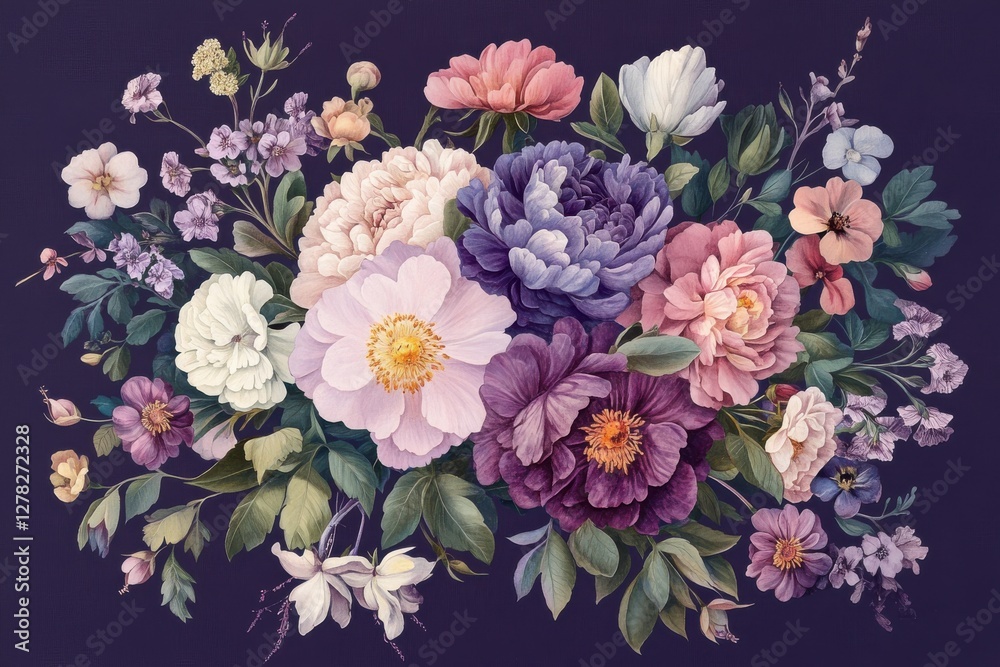 Aufkleber Beautiful arrangement of colorful flowers in a detailed botanical display on a dark background
