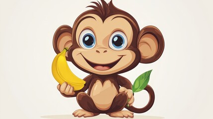Fototapeta premium A joyful brown monkey grins widely, banana in mouth, leaf clutched, vibrant hues in a captivating close-up