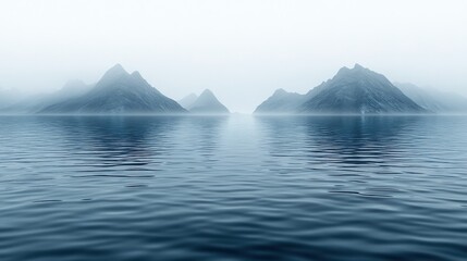 Serene misty landscape with tranquil waters reflecting distant mountains in a foggy atmosphere