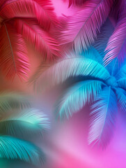 A palm tree against the background of an illuminated sky with neon-like clouds