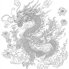 Majestic Asian Dragon with Clouds and Flowers Line Art Design