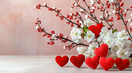 A warm pink backdrop with a cluster of red heart decorations artistically placed on branches.