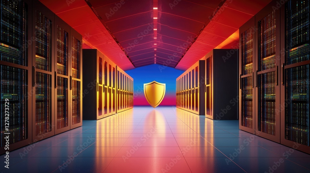Poster abstract data security visualization with a 3d shield and digital servers in the background.