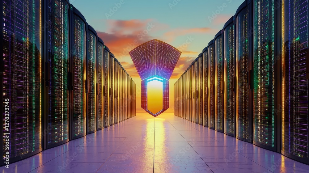 Poster abstract data security visualization with a 3d shield and digital servers in the background.