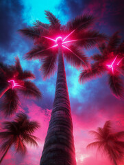 A palm tree against the background of an illuminated sky with neon-like clouds