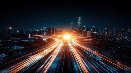 A dynamic cityscape at night with light trails from moving vehicles and a glowing skyline, creating a vibrant urban atmosphere.