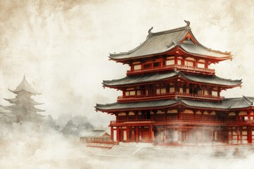 Historical Japanese Architecture: A Tranquil Pagoda Surrounded by Misty Landscapes, Showcasing Traditional Craftsmanship and Cultural Heritage