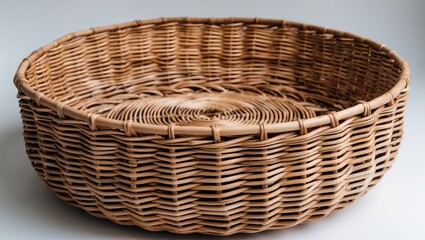 Round wicker basket with intricate weaving on white background, perfect for storage and decor, featuring ample empty space for text display.