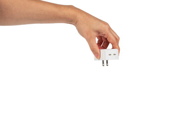 Hand and USB cables adapter, USB type A C universal plug cable, mobile phone accessory charger on transparent background.