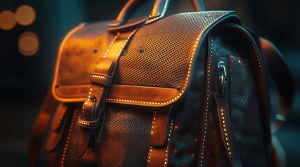Leather backpack for travel with glowing AR design and material details, sleek boutique setting, soft warm lighting, photorealistic