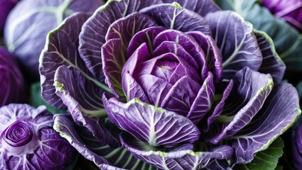 Fototapeta premium Vibrant close-up of decorative purple cabbage showcasing intricate leaf patterns and rich colors in a natural setting.