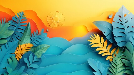 papercut style abstract summer concept, showcasing vibrant patterns and a fresh, sun-filled design.