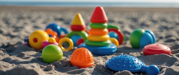 Vibrant Collection of Colorful Children's Beach Toys on Sandy Shore Against a Calm Seaside Background