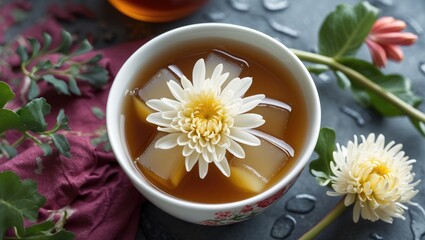 Iced green tea garnished with a chrysanthemum flower in a decorative cup surrounded by fresh leaves and flowers on a textured background.