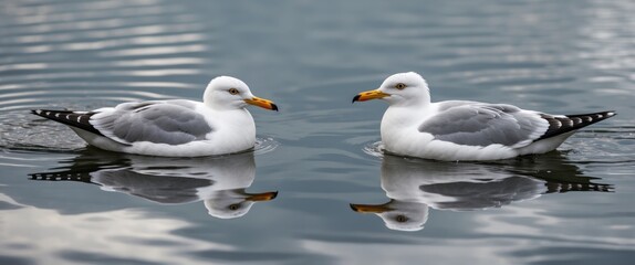 Fototapeta premium Two White Seagulls Swimming on Lake Surface with Reflections and Empty Space for Text in a Tranquil Natural Environment.