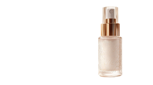 A luxurious serum bottle with a pump dispenser, showcasing a rich, clear liquid inside, placed on a transparent background. 