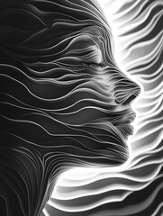 Flowing Essence: A mesmerizing monochrome layered paper-cut portrait of a serene face merging with flowing waves, symbolizing harmony and movement.
