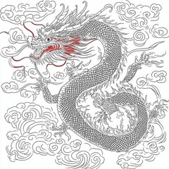 Fototapeta premium Majestic Asian Dragon in Clouds - Line Art Illustration