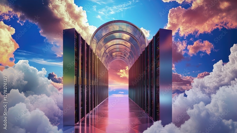 Poster cloud computing security visualization with a digital firewall shield protecting servers.