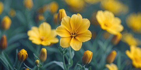 Vibrant Close-Up of Yellow Wildflowers in a Lush Green Background Featuring Buds and Blooms in Nature's Springtime Splendor