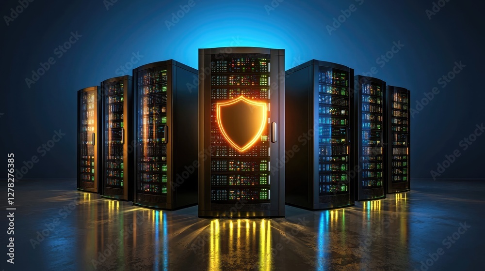 Poster concept of digital security with a glowing shield symbol and servers, emphasizing secure information