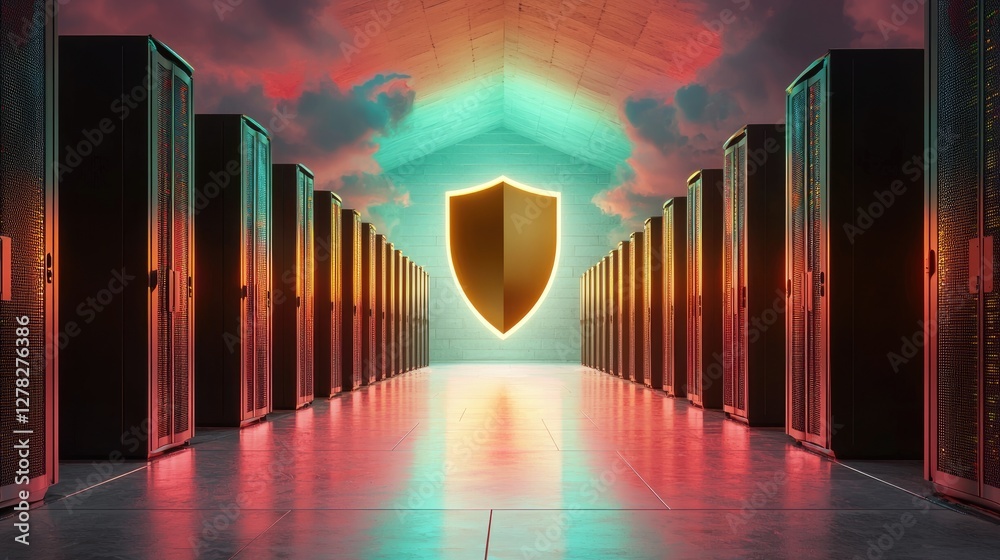 Poster concept of digital security with a glowing shield symbol and servers, emphasizing secure information