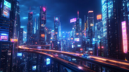 Fototapeta premium Future city, night town with skyscrapers and overpass with neon lights. Vector cartoon illustration of cityscape with futuristic buildings and road. Cyberpunk urban landscape