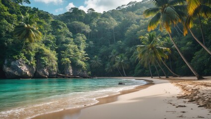 Tropical Beach Paradise with Lush Green Forest and Sandy Shoreline Ideal for Relaxation and Text Overlay