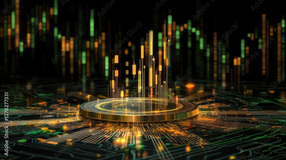 Poster digital finance chart with glowing elements and complex data points displayed on a dark background.