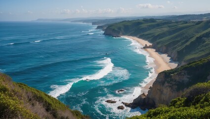 Obraz premium Serene Coastal Landscape with Rolling Waves and Lush Green Cliffs Overlooking Tranquil Ocean Waters on a Sunny Day