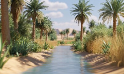 Serene oasis landscape with palm trees and a winding river under a clear blue sky