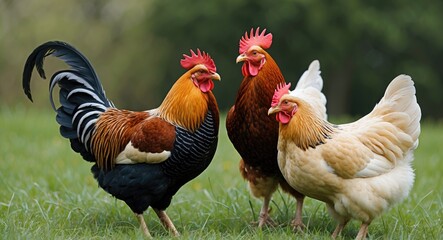 Fototapeta premium Charming Rooster and Hens Roaming on Lush Green Grass with Space for Custom Text or Branding