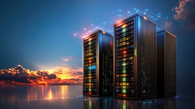 Digital protection shield glowing over a secure server in a high-tech cybersecurity concept.