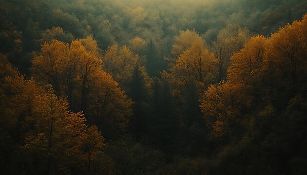 Autumn forest, misty hills, aerial view, nature backdrop