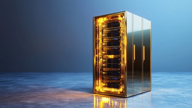 Digital protection shield glowing over a secure server in a high-tech cybersecurity concept.