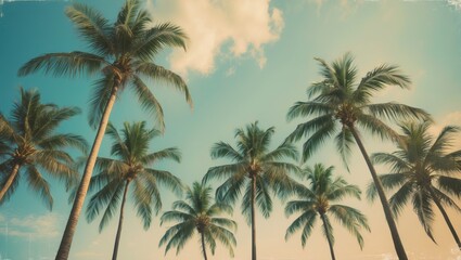 Coconut palm trees against a bright sky in a vintage toned style with ample copy space for text and serene tropical vibes.