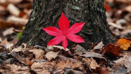 Autumnal red leaf by tree trunk