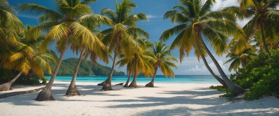 Fototapeta premium Tropical Paradise with Coconut Palm Trees and Serene White Sandy Beach Under Clear Blue Sky