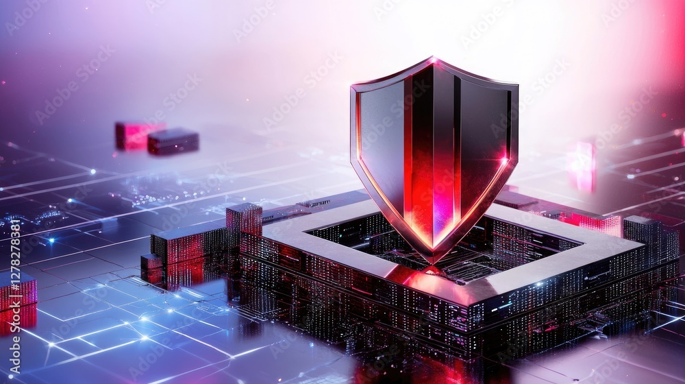 Poster digital security concept with a glowing shield and servers, visualizing secure information technolog