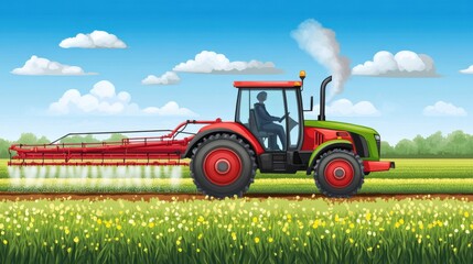 Obraz premium Vibrant illustration of a tractor spraying crops in a lush green field under a blue sky