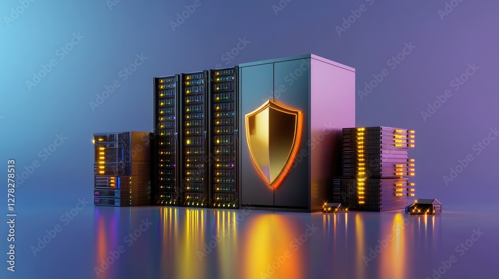 Poster digital security concept with a glowing shield and servers, visualizing secure information technolog